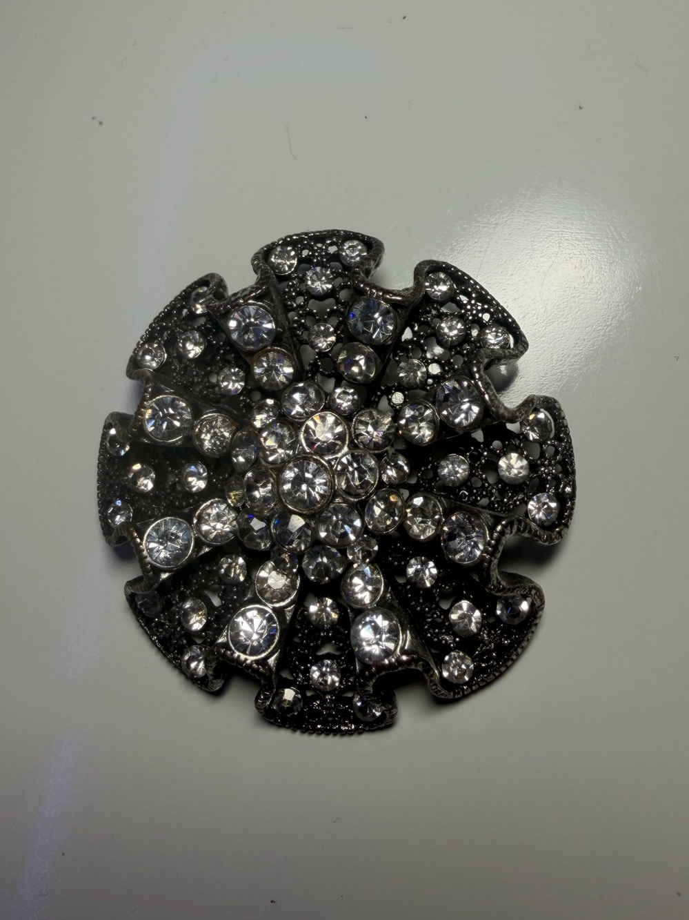 Rhinestone Floral Statement Brooch - Silver Tone